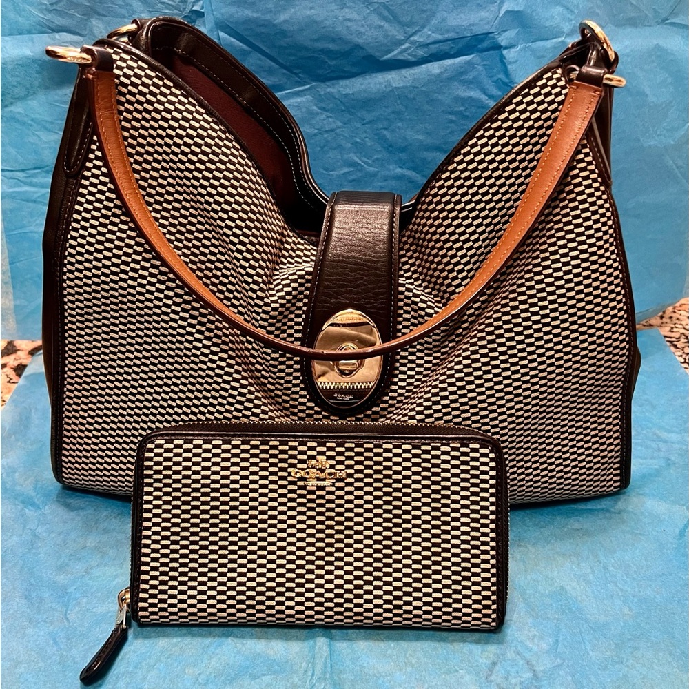 COACH black and cream checkered tote bag purse satchel and wallet
